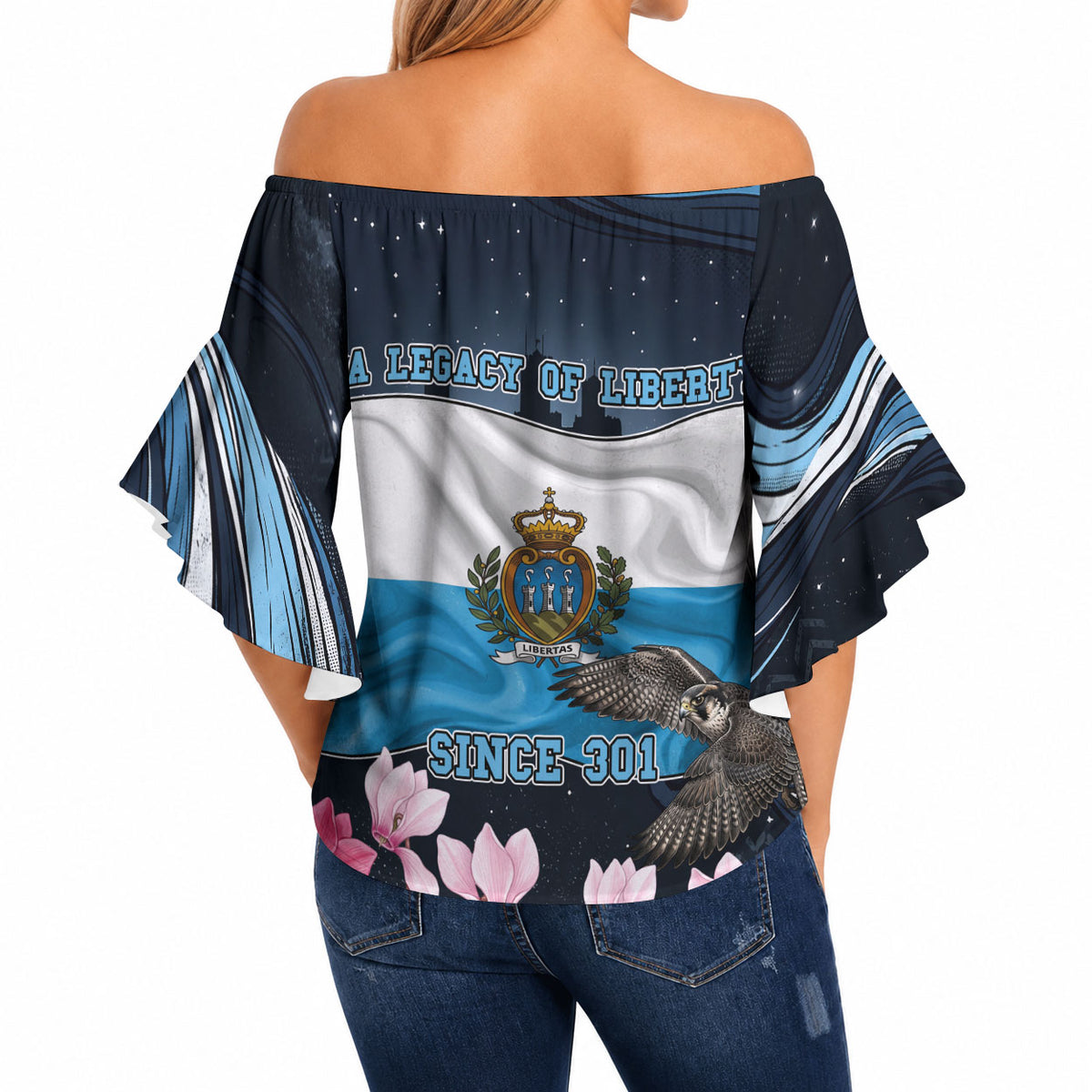 San Marino Founding Anniversary Off Shoulder Wrap Waist Top Freedom Peregrine Falcon - Cyclamen Flowers Towers Flag