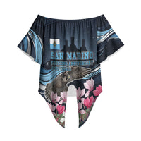 San Marino Founding Anniversary Off Shoulder Wrap Waist Top Freedom Peregrine Falcon - Cyclamen Flowers Towers Flag