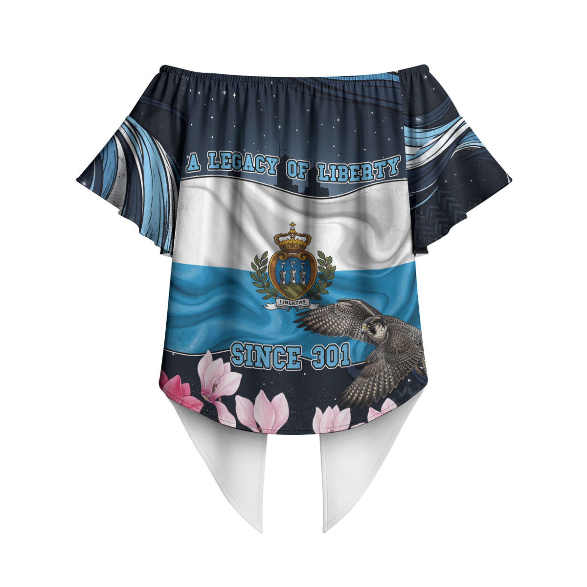 San Marino Founding Anniversary Off Shoulder Wrap Waist Top Freedom Peregrine Falcon - Cyclamen Flowers Towers Flag