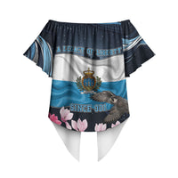 San Marino Founding Anniversary Off Shoulder Wrap Waist Top Freedom Peregrine Falcon - Cyclamen Flowers Towers Flag