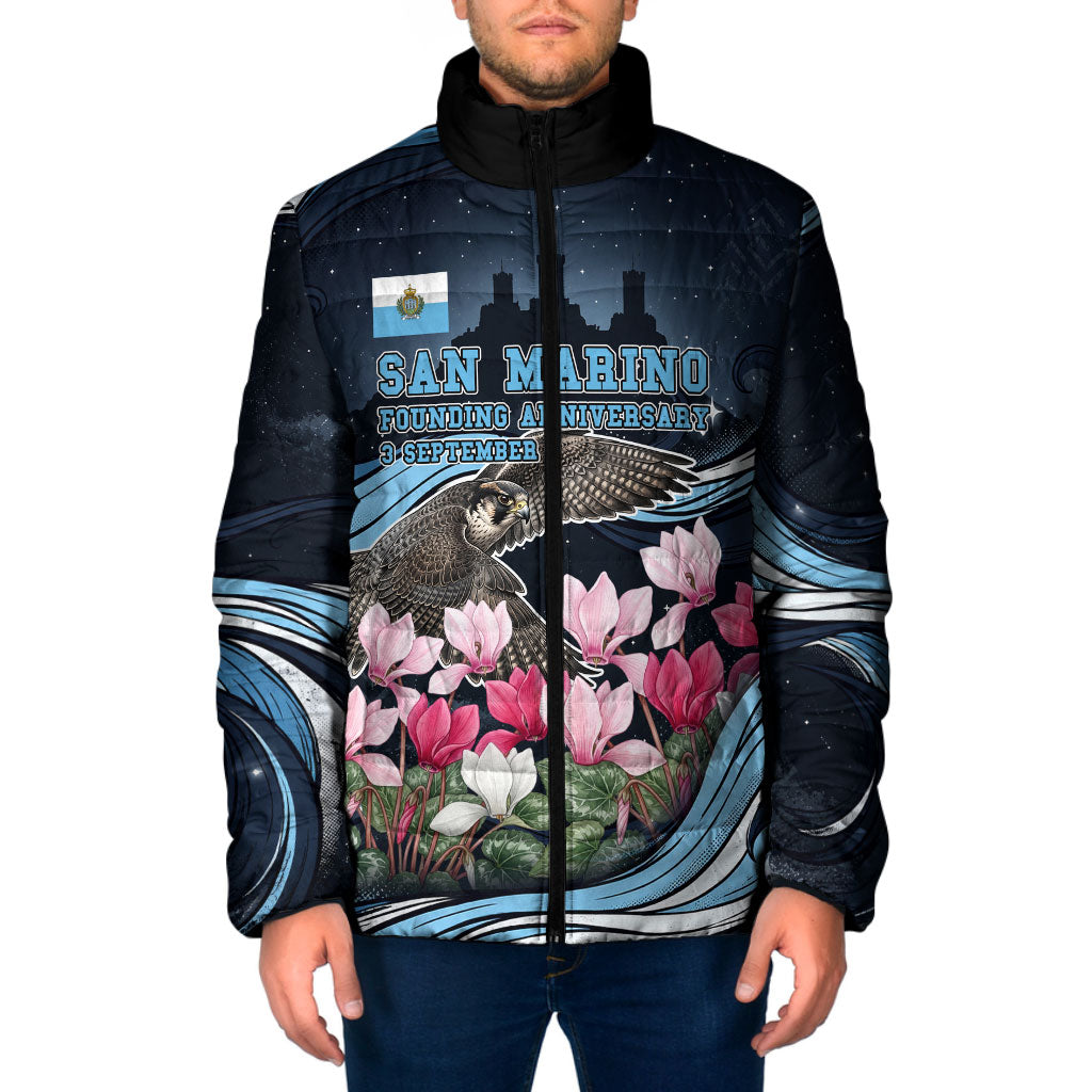 San Marino Founding Anniversary Padded Jacket Freedom Peregrine Falcon - Cyclamen Flowers Towers Flag
