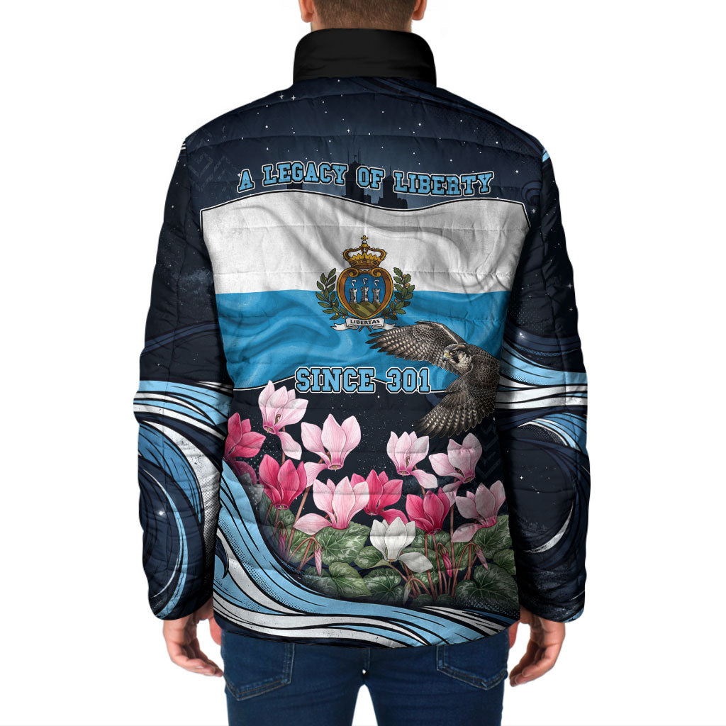 San Marino Founding Anniversary Padded Jacket Freedom Peregrine Falcon - Cyclamen Flowers Towers Flag