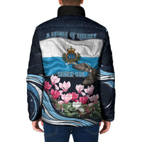 San Marino Founding Anniversary Padded Jacket Freedom Peregrine Falcon - Cyclamen Flowers Towers Flag