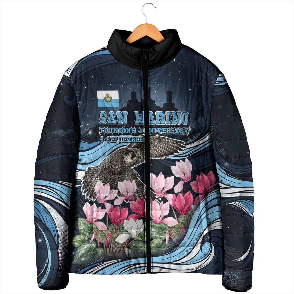 San Marino Founding Anniversary Padded Jacket Freedom Peregrine Falcon - Cyclamen Flowers Towers Flag