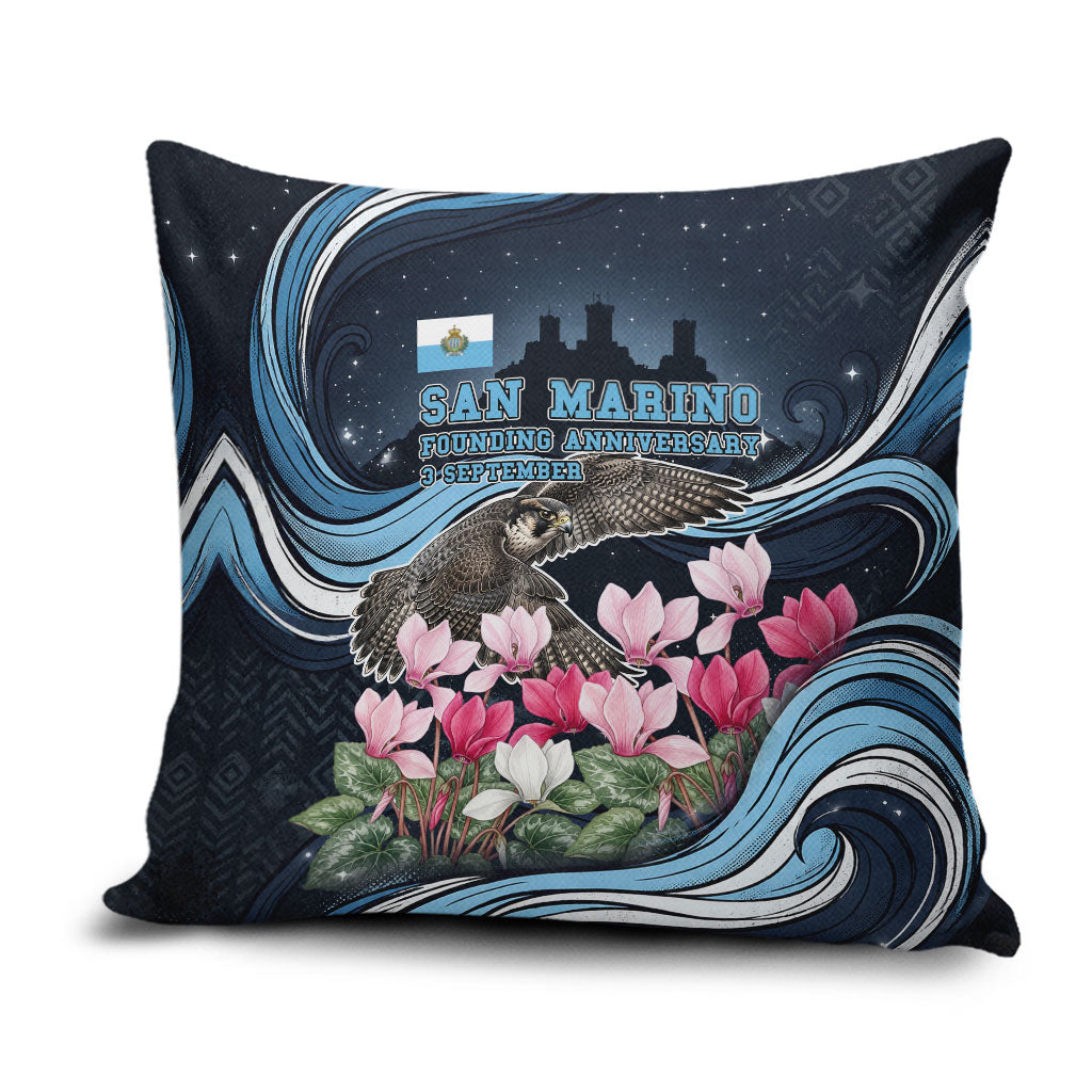 San Marino Founding Anniversary Pillow Cover Freedom Peregrine Falcon - Cyclamen Flowers Towers Flag