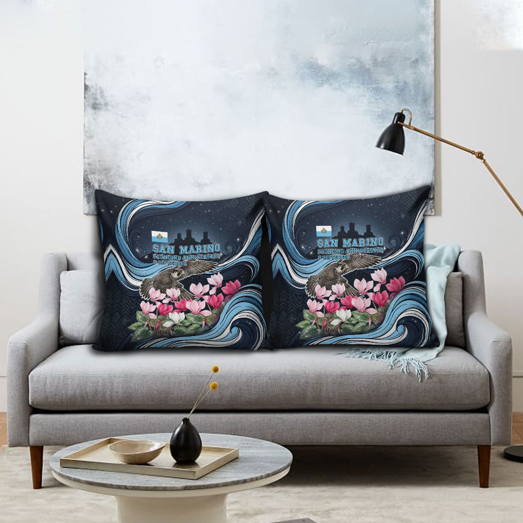 San Marino Founding Anniversary Pillow Cover Freedom Peregrine Falcon - Cyclamen Flowers Towers Flag