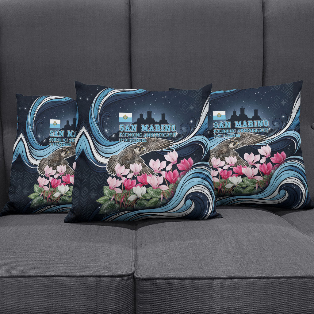 San Marino Founding Anniversary Pillow Cover Freedom Peregrine Falcon - Cyclamen Flowers Towers Flag
