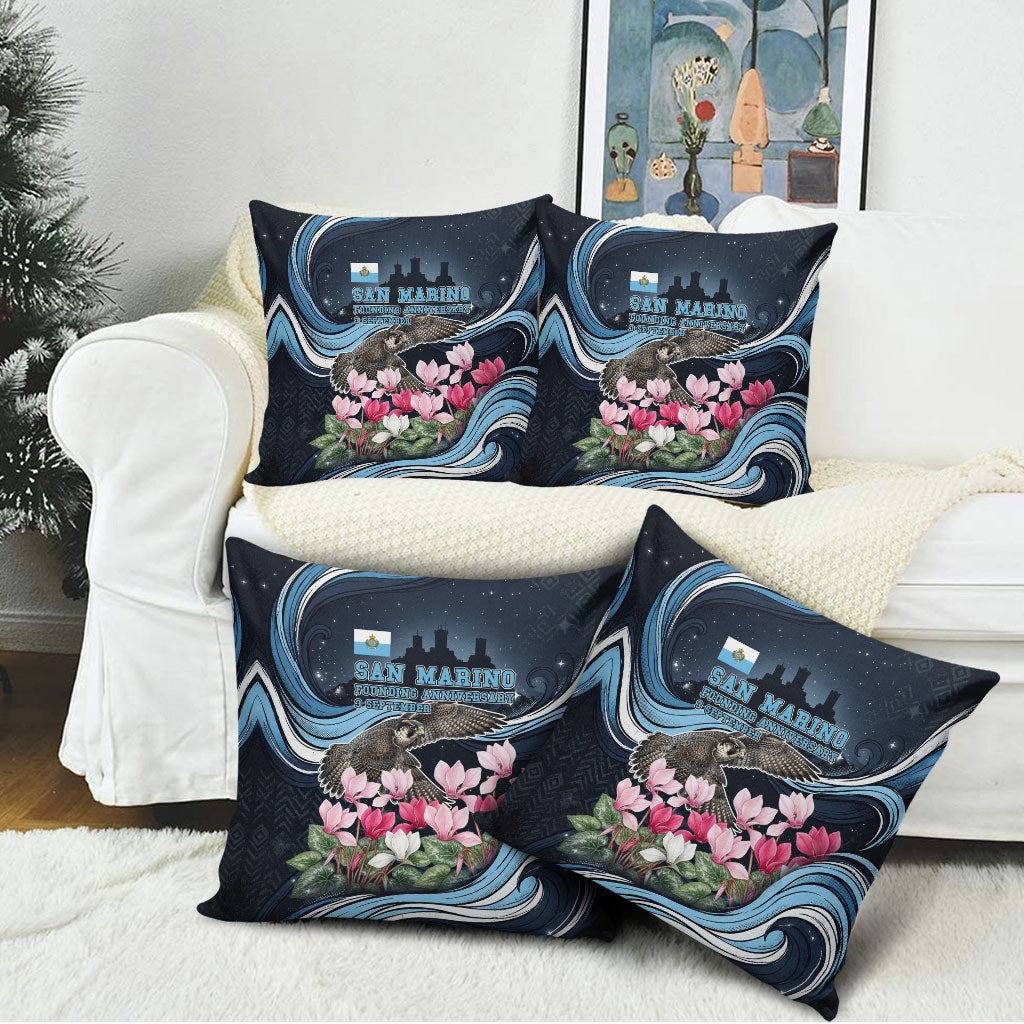 San Marino Founding Anniversary Pillow Cover Freedom Peregrine Falcon - Cyclamen Flowers Towers Flag