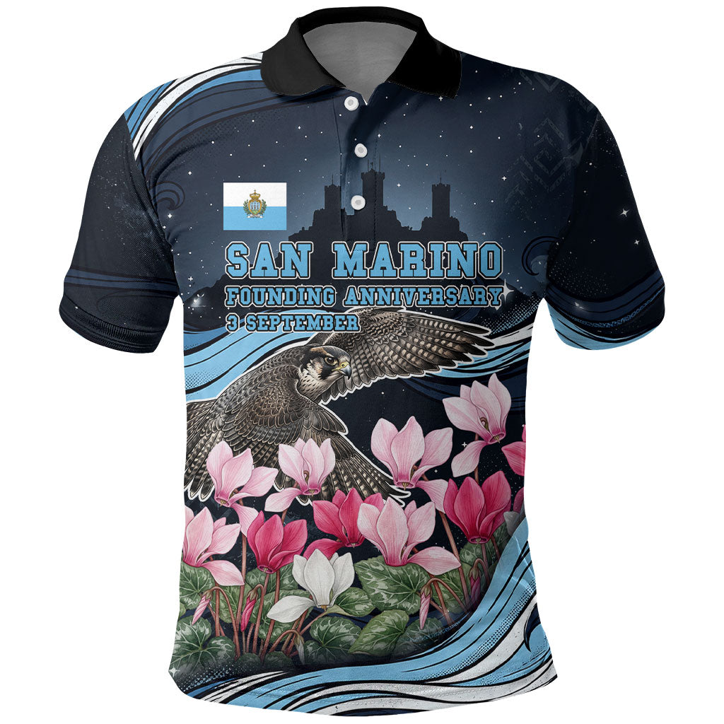 San Marino Founding Anniversary Polo Shirt Freedom Peregrine Falcon - Cyclamen Flowers Towers Flag