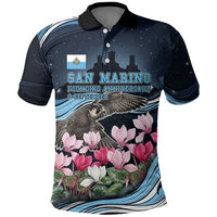 San Marino Founding Anniversary Polo Shirt Freedom Peregrine Falcon - Cyclamen Flowers Towers Flag