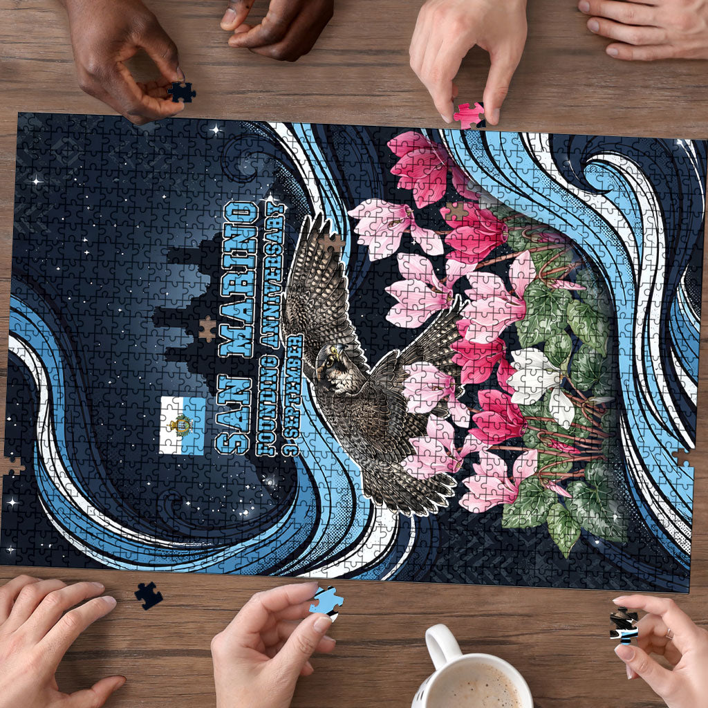 San Marino Founding Anniversary Puzzle Freedom Peregrine Falcon - Cyclamen Flowers Towers Flag