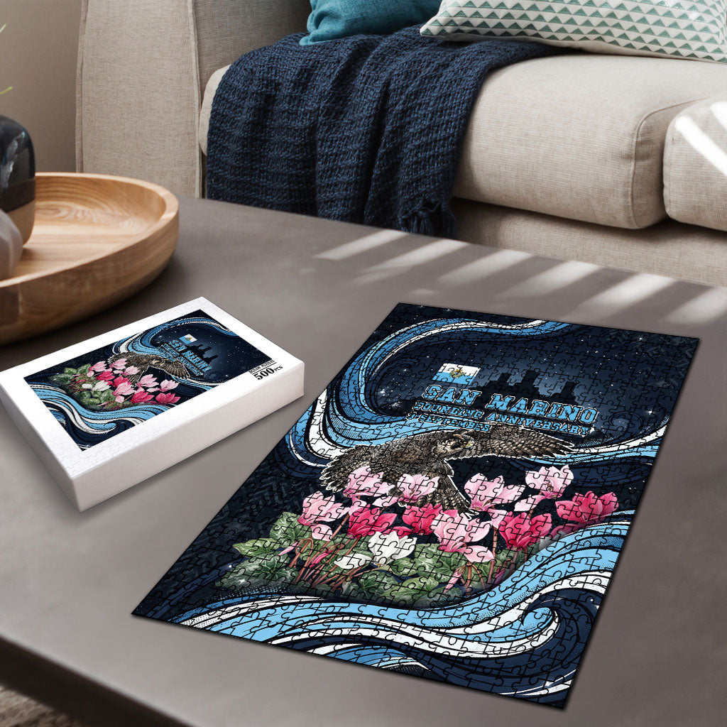 San Marino Founding Anniversary Puzzle Freedom Peregrine Falcon - Cyclamen Flowers Towers Flag
