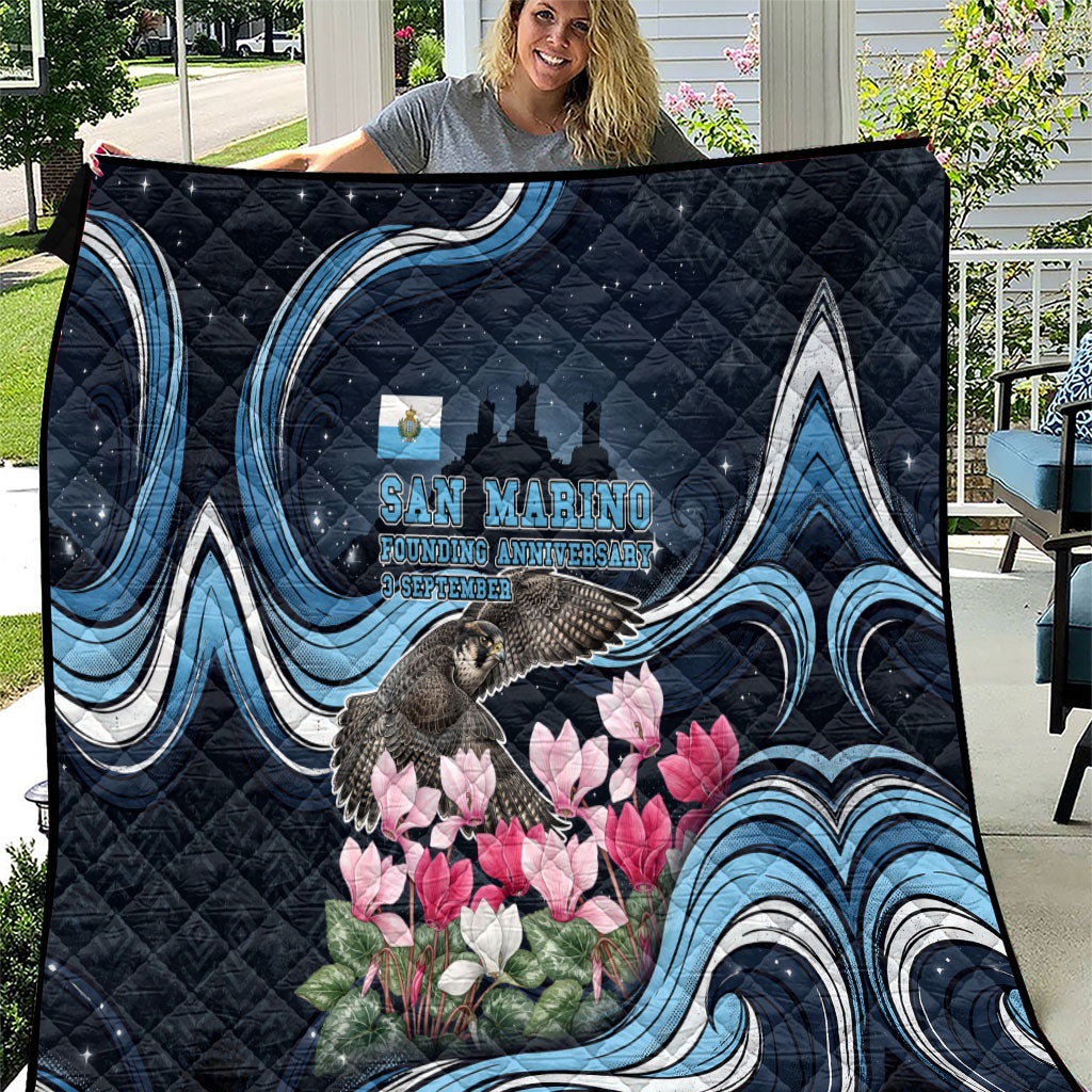 San Marino Founding Anniversary Quilt Freedom Peregrine Falcon - Cyclamen Flowers Towers Flag