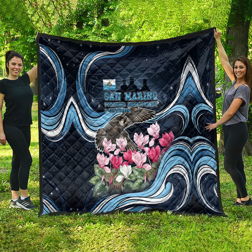 San Marino Founding Anniversary Quilt Freedom Peregrine Falcon - Cyclamen Flowers Towers Flag