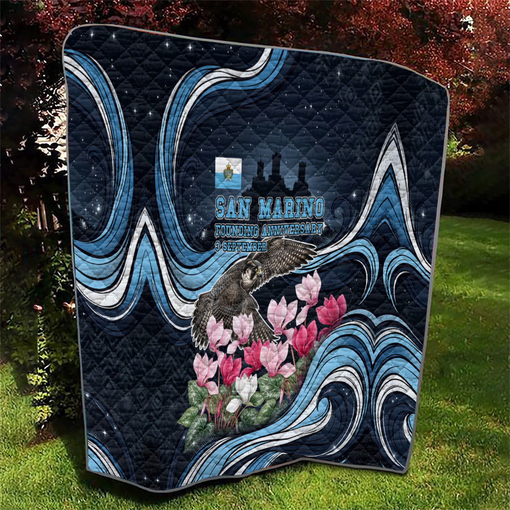 San Marino Founding Anniversary Quilt Freedom Peregrine Falcon - Cyclamen Flowers Towers Flag