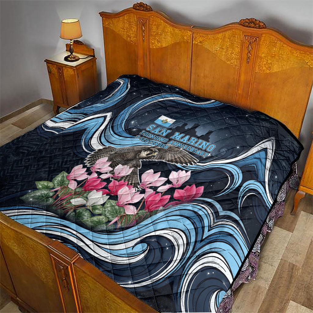 San Marino Founding Anniversary Quilt Freedom Peregrine Falcon - Cyclamen Flowers Towers Flag