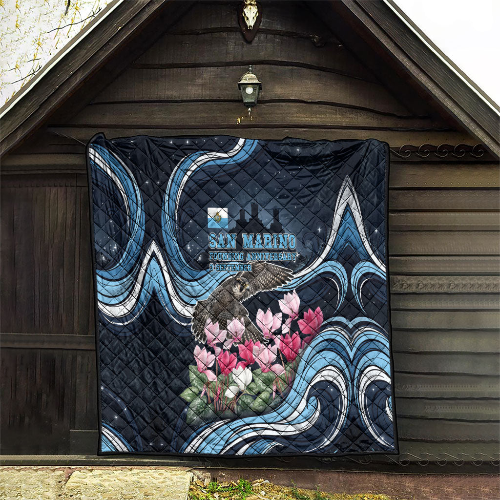 San Marino Founding Anniversary Quilt Freedom Peregrine Falcon - Cyclamen Flowers Towers Flag