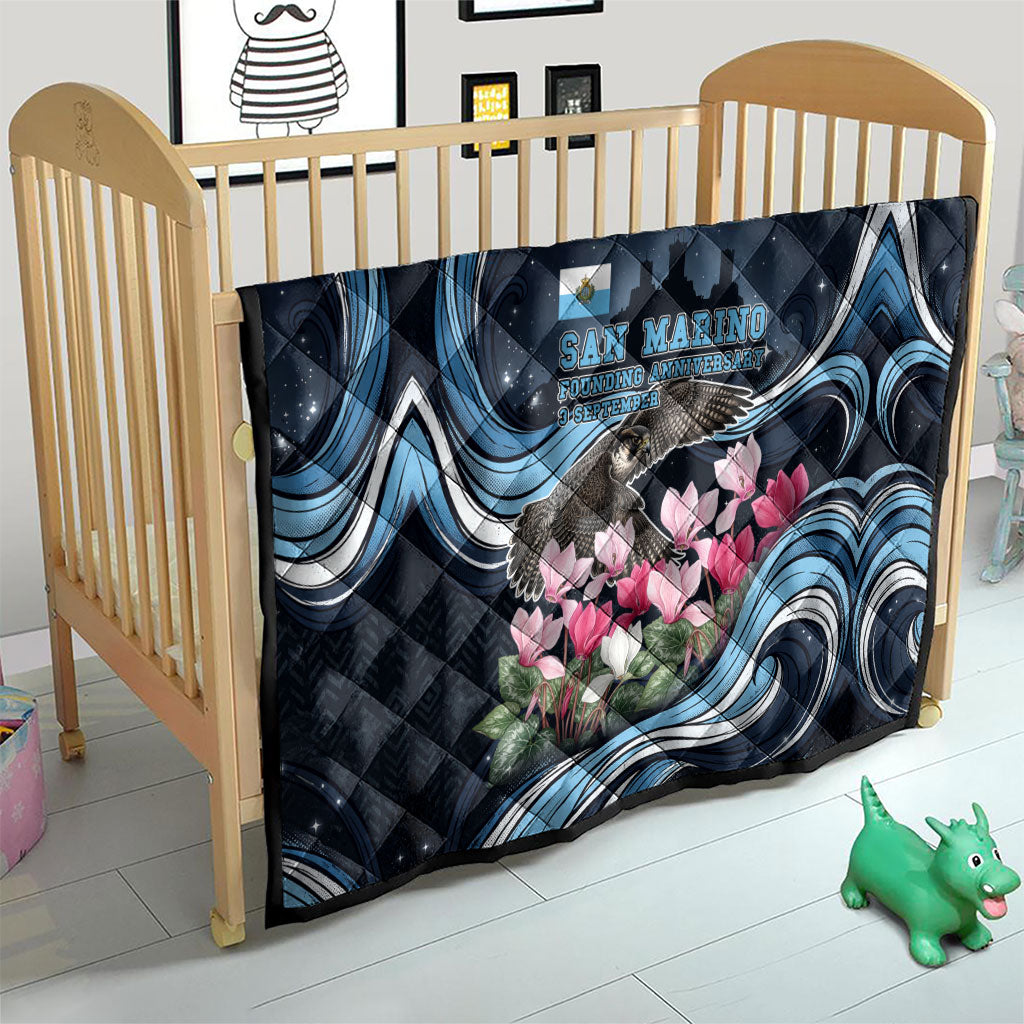 San Marino Founding Anniversary Quilt Freedom Peregrine Falcon - Cyclamen Flowers Towers Flag