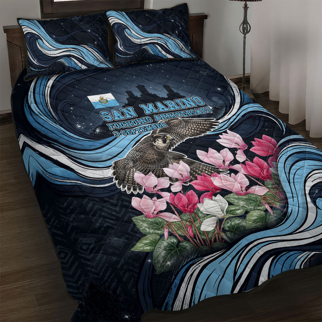 San Marino Founding Anniversary Quilt Bed Set Freedom Peregrine Falcon - Cyclamen Flowers Towers Flag