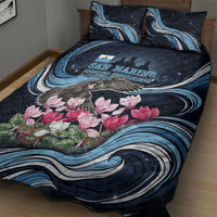 San Marino Founding Anniversary Quilt Bed Set Freedom Peregrine Falcon - Cyclamen Flowers Towers Flag