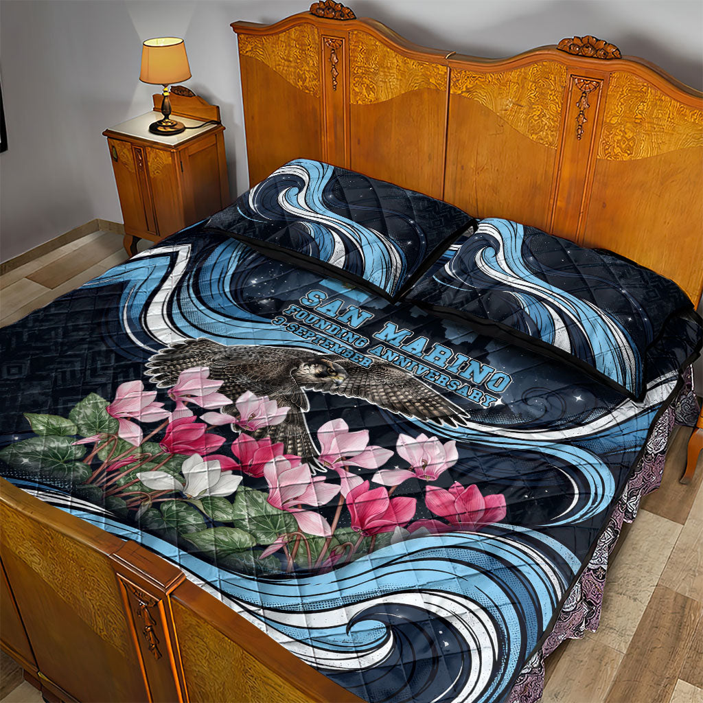 San Marino Founding Anniversary Quilt Bed Set Freedom Peregrine Falcon - Cyclamen Flowers Towers Flag