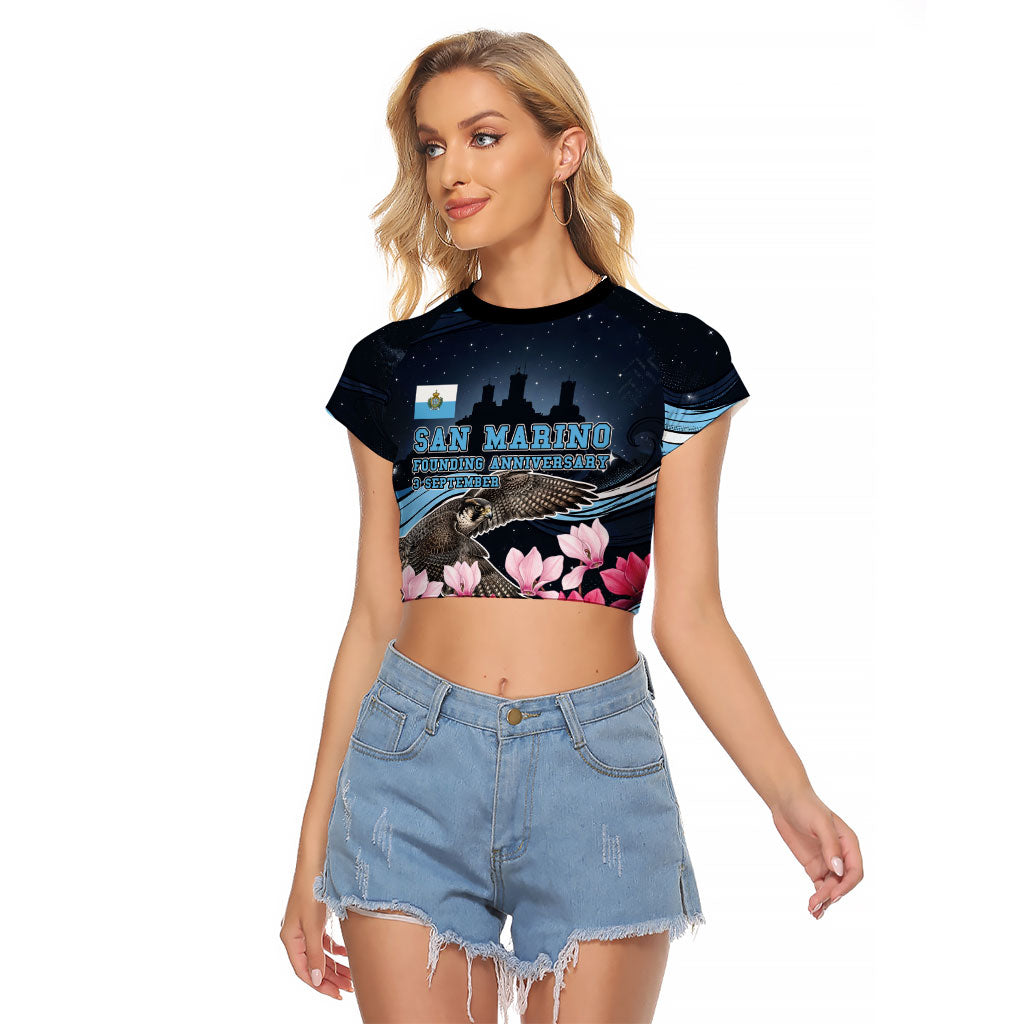 San Marino Founding Anniversary Raglan Cropped T Shirt Freedom Peregrine Falcon - Cyclamen Flowers Towers Flag