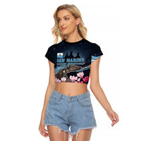 San Marino Founding Anniversary Raglan Cropped T Shirt Freedom Peregrine Falcon - Cyclamen Flowers Towers Flag