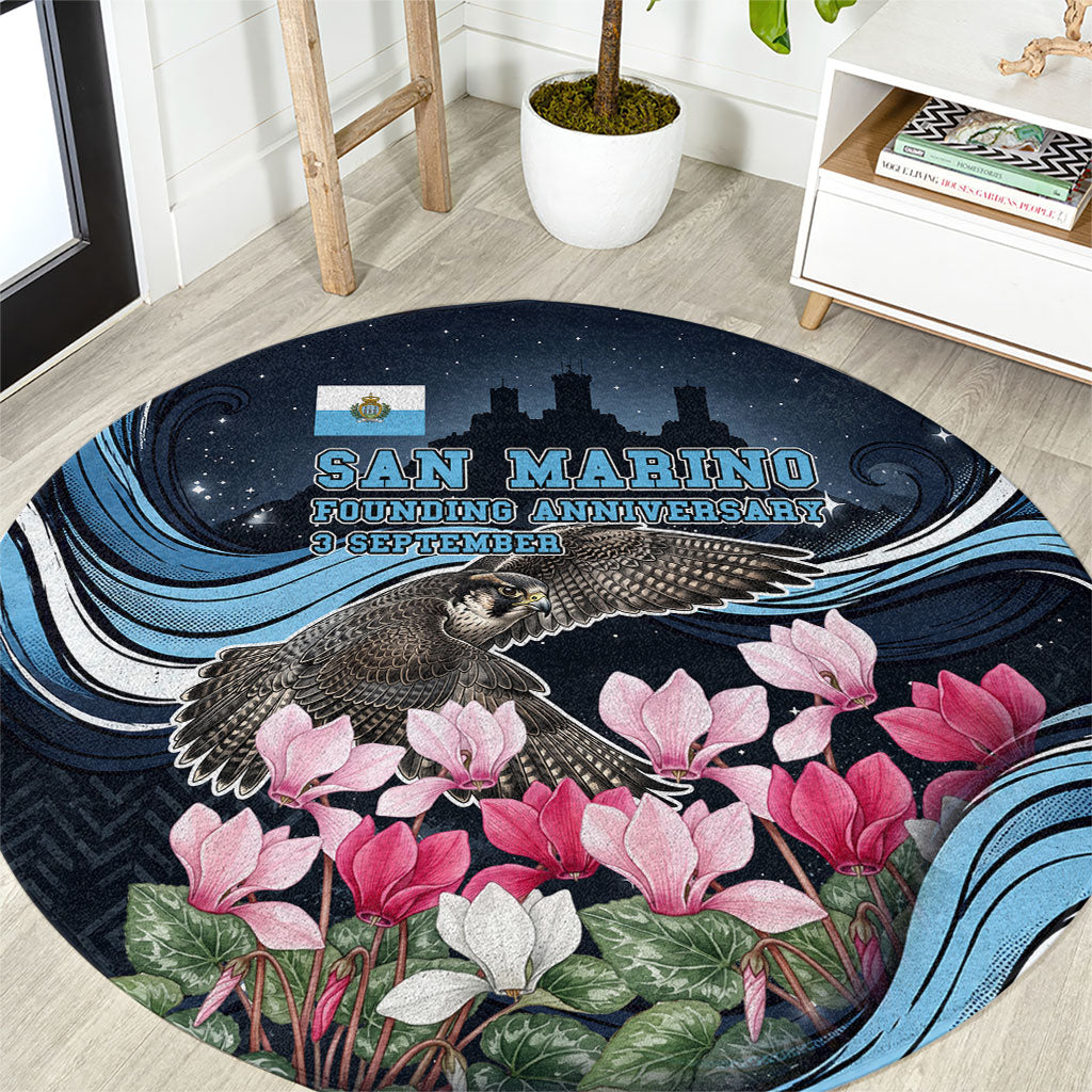 San Marino Founding Anniversary Round Carpet Freedom Peregrine Falcon - Cyclamen Flowers Towers Flag