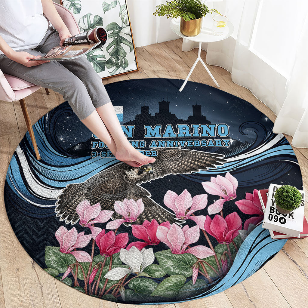 San Marino Founding Anniversary Round Carpet Freedom Peregrine Falcon - Cyclamen Flowers Towers Flag