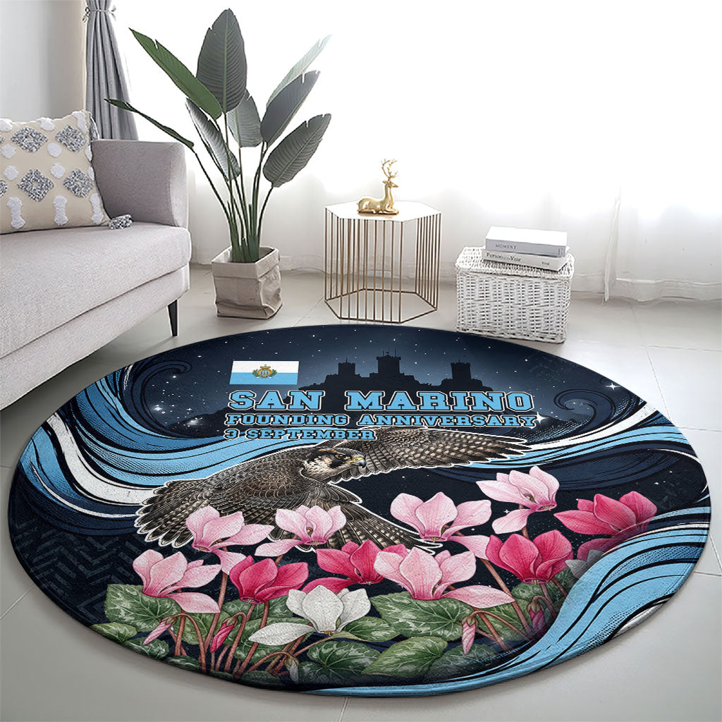 San Marino Founding Anniversary Round Carpet Freedom Peregrine Falcon - Cyclamen Flowers Towers Flag