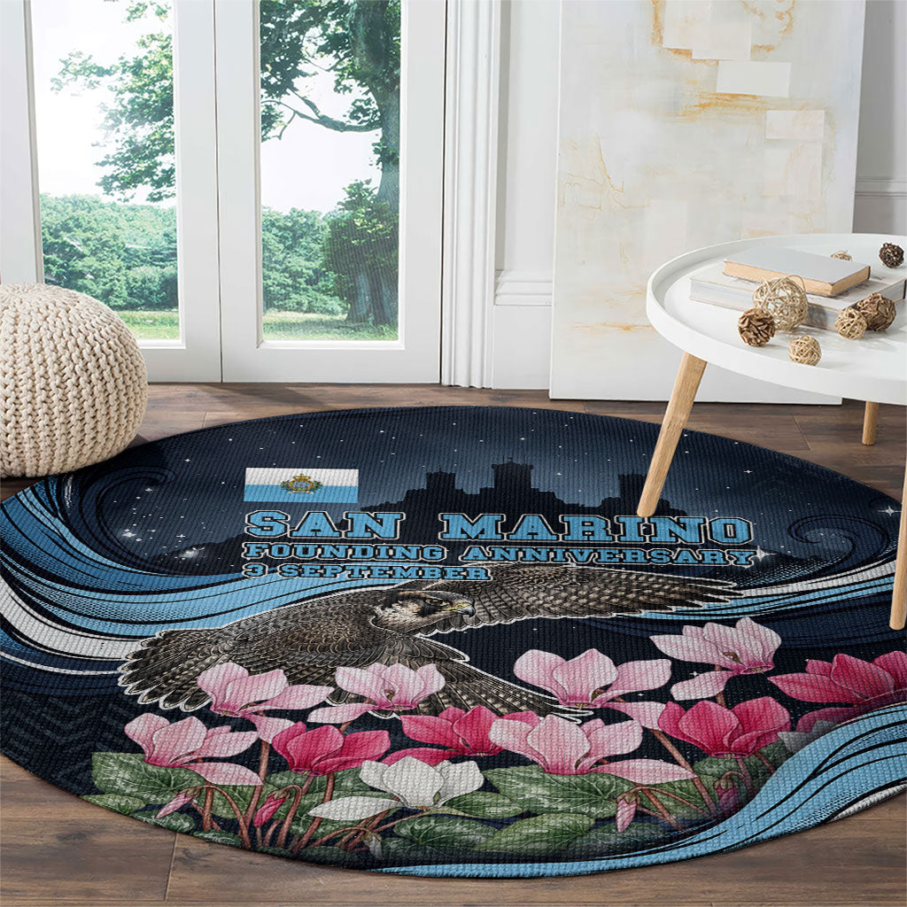 San Marino Founding Anniversary Round Carpet Freedom Peregrine Falcon - Cyclamen Flowers Towers Flag