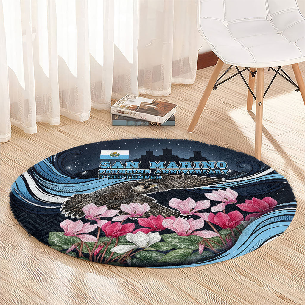San Marino Founding Anniversary Round Carpet Freedom Peregrine Falcon - Cyclamen Flowers Towers Flag