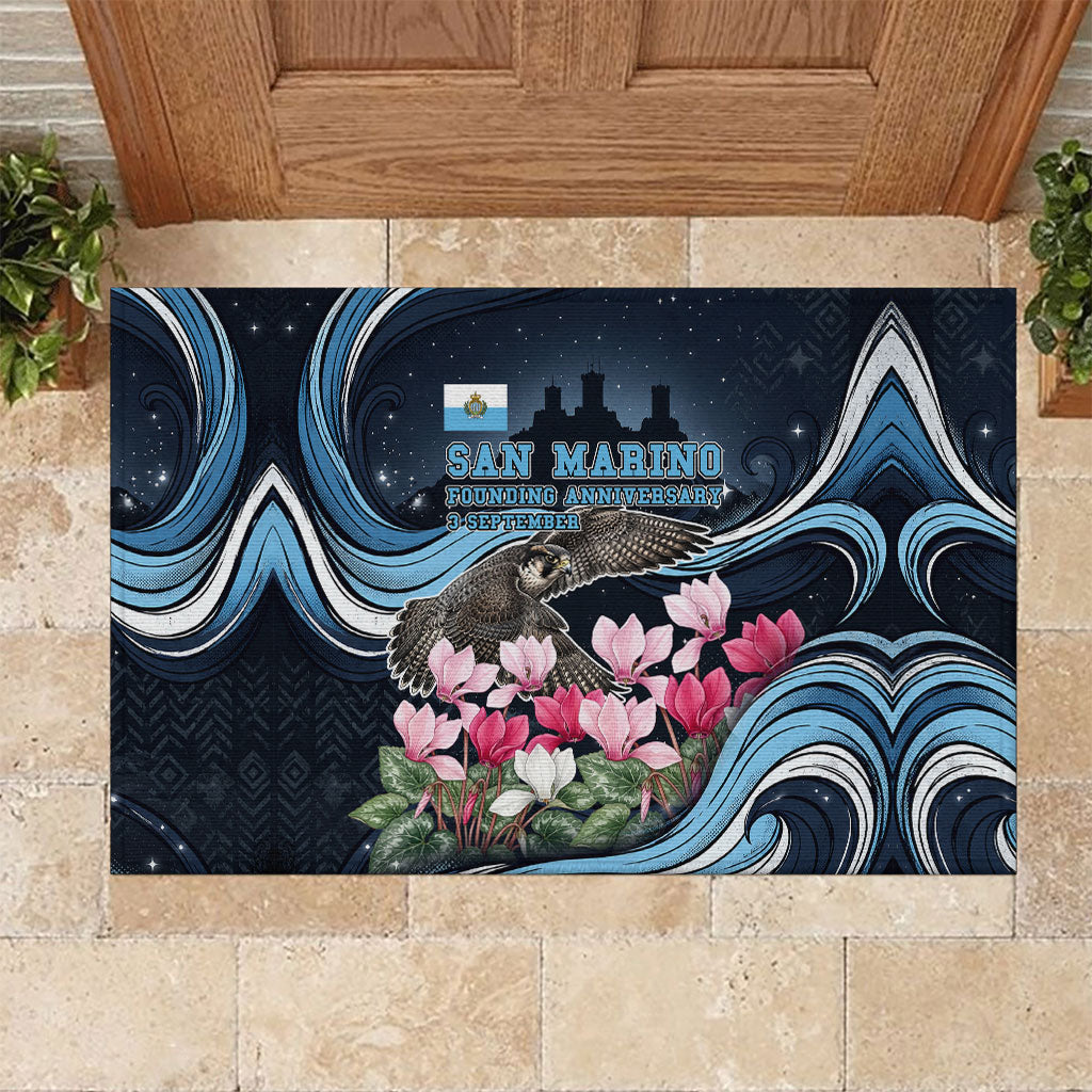 San Marino Founding Anniversary Rubber Doormat Freedom Peregrine Falcon - Cyclamen Flowers Towers Flag