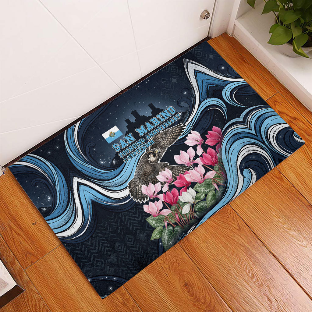 San Marino Founding Anniversary Rubber Doormat Freedom Peregrine Falcon - Cyclamen Flowers Towers Flag