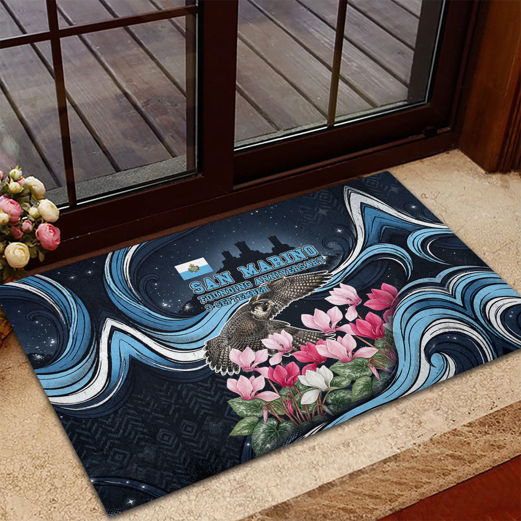 San Marino Founding Anniversary Rubber Doormat Freedom Peregrine Falcon - Cyclamen Flowers Towers Flag