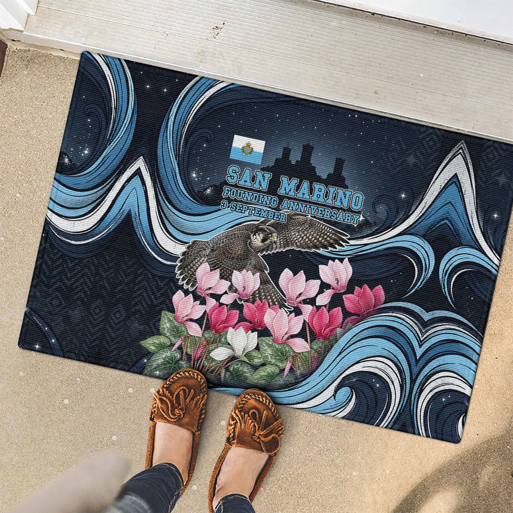 San Marino Founding Anniversary Rubber Doormat Freedom Peregrine Falcon - Cyclamen Flowers Towers Flag