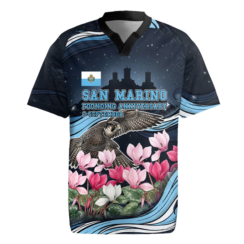 San Marino Founding Anniversary Rugby Jersey Freedom Peregrine Falcon - Cyclamen Flowers Towers Flag