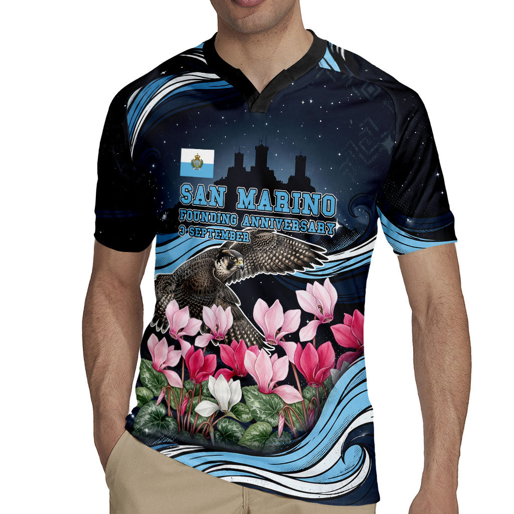 San Marino Founding Anniversary Rugby Jersey Freedom Peregrine Falcon - Cyclamen Flowers Towers Flag