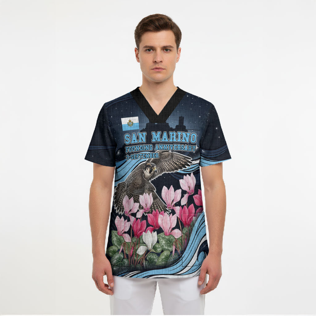 San Marino Founding Anniversary Scrub Top Freedom Peregrine Falcon - Cyclamen Flowers Towers Flag