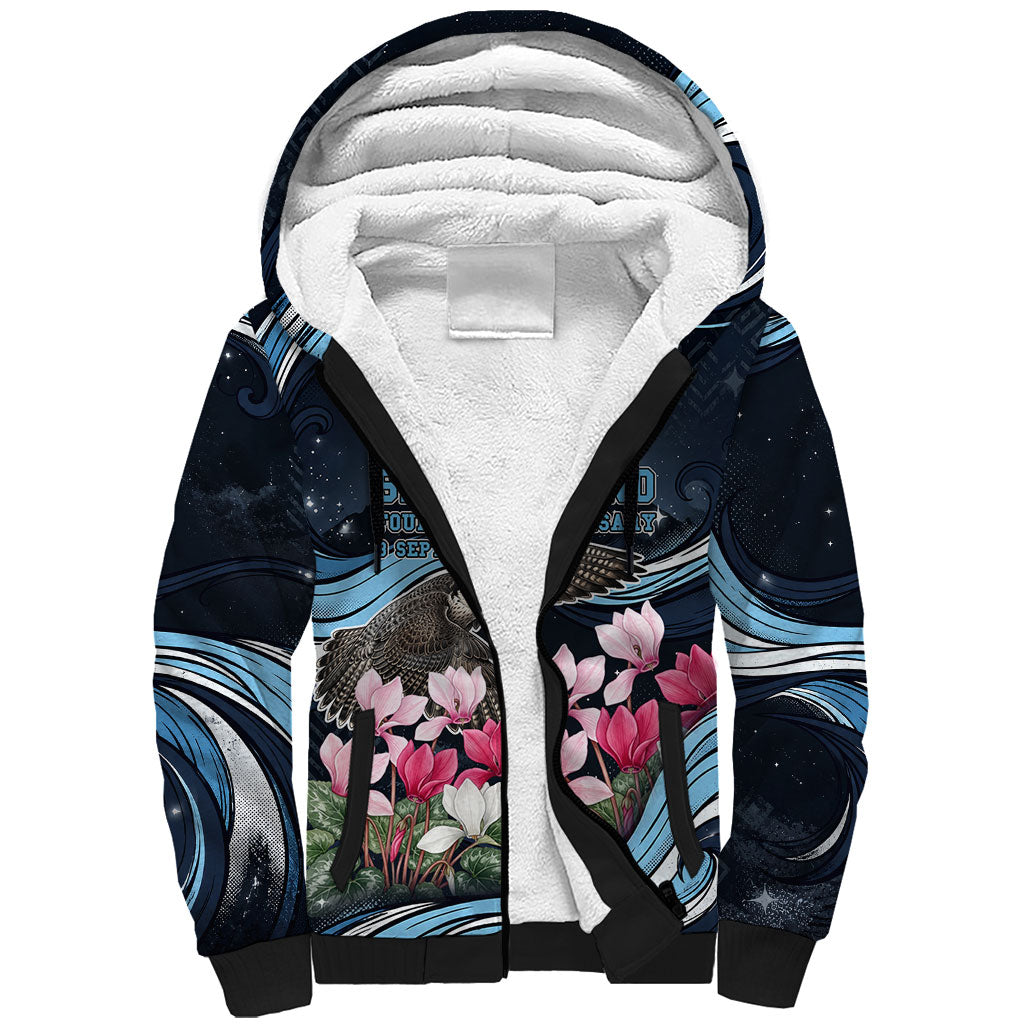 San Marino Founding Anniversary Sherpa Hoodie Freedom Peregrine Falcon - Cyclamen Flowers Towers Flag