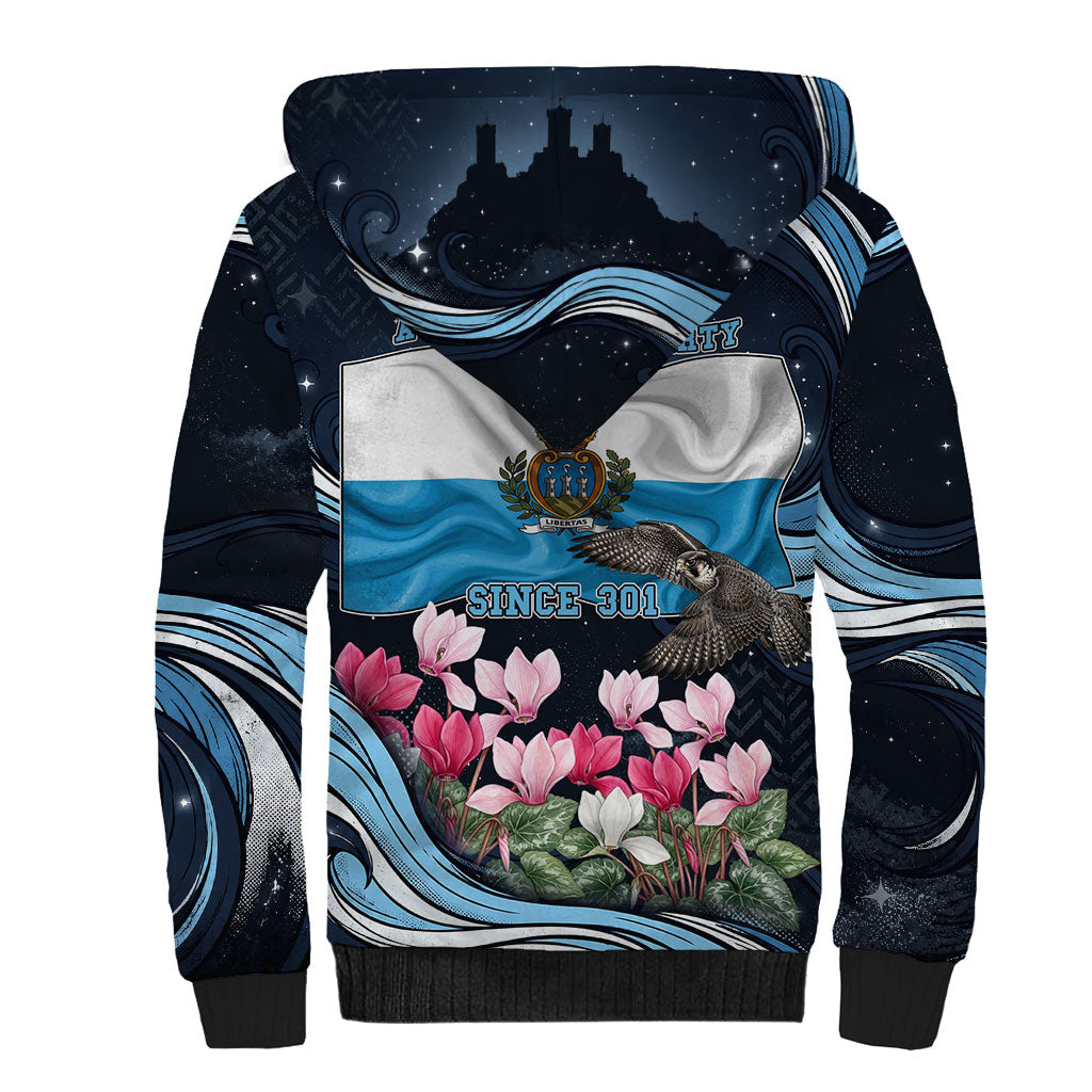 San Marino Founding Anniversary Sherpa Hoodie Freedom Peregrine Falcon - Cyclamen Flowers Towers Flag