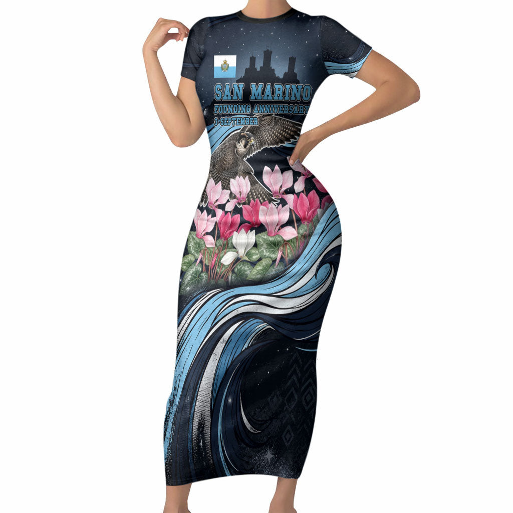 San Marino Founding Anniversary Short Sleeve Bodycon Dress Freedom Peregrine Falcon - Cyclamen Flowers Towers Flag