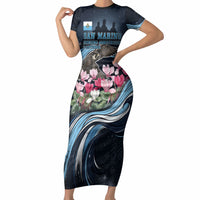 San Marino Founding Anniversary Short Sleeve Bodycon Dress Freedom Peregrine Falcon - Cyclamen Flowers Towers Flag