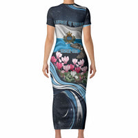 San Marino Founding Anniversary Short Sleeve Bodycon Dress Freedom Peregrine Falcon - Cyclamen Flowers Towers Flag