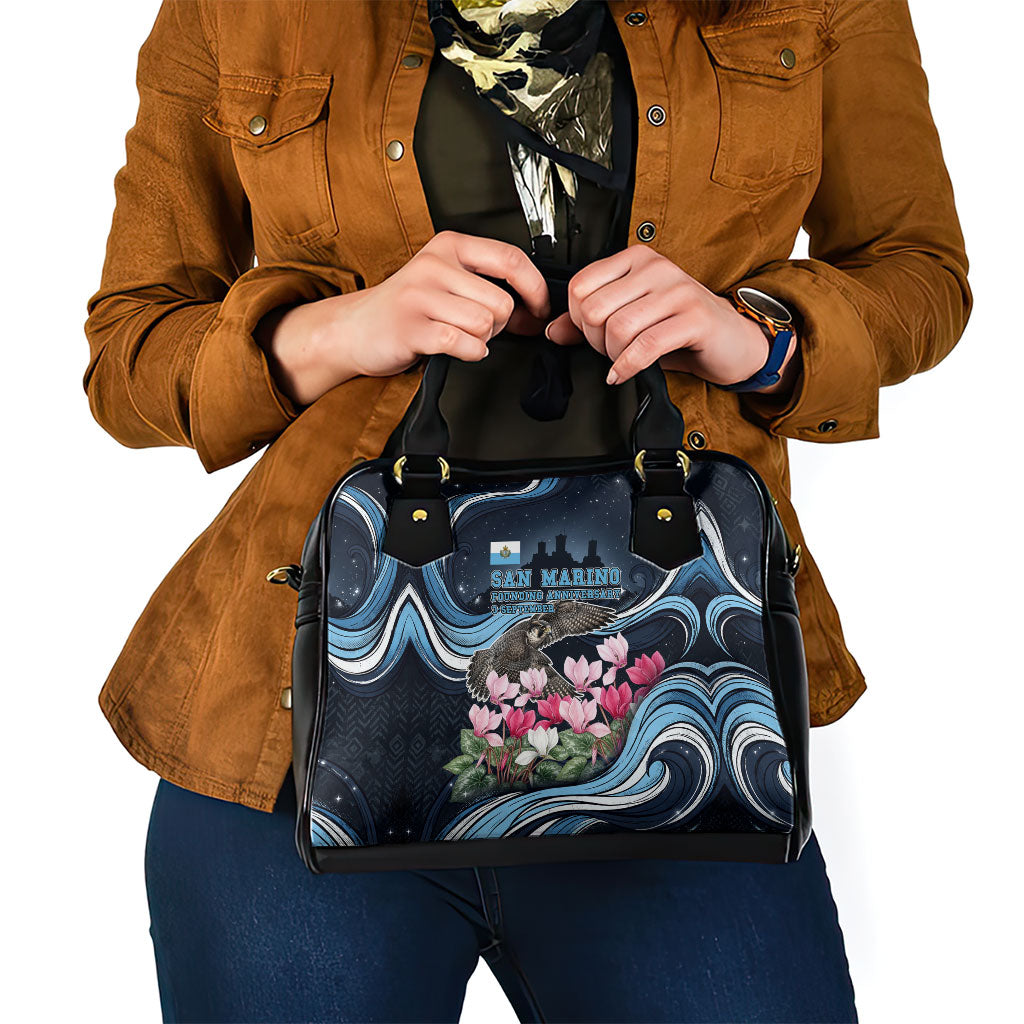 San Marino Founding Anniversary Shoulder Handbag Freedom Peregrine Falcon - Cyclamen Flowers Towers Flag