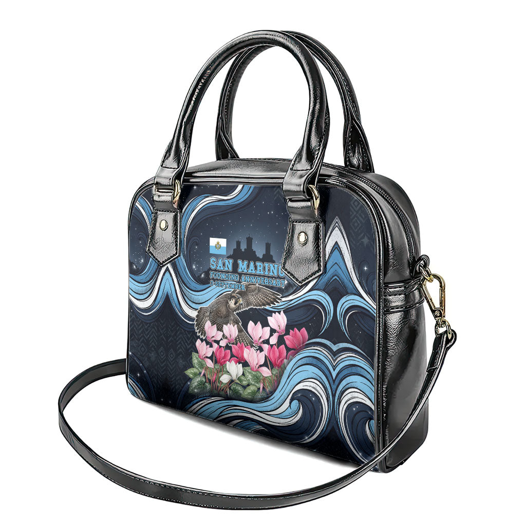 San Marino Founding Anniversary Shoulder Handbag Freedom Peregrine Falcon - Cyclamen Flowers Towers Flag