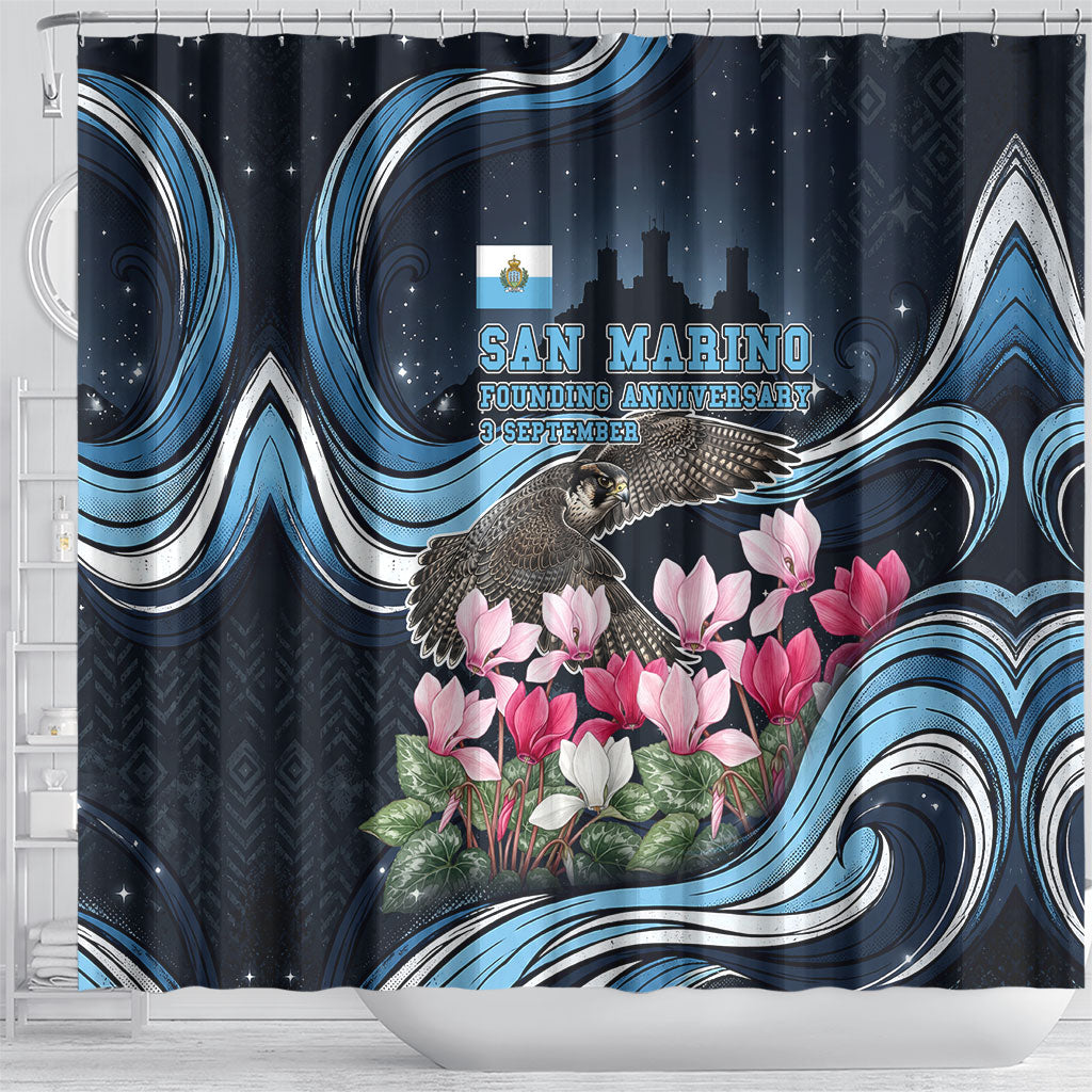 San Marino Founding Anniversary Shower Curtain Freedom Peregrine Falcon - Cyclamen Flowers Towers Flag