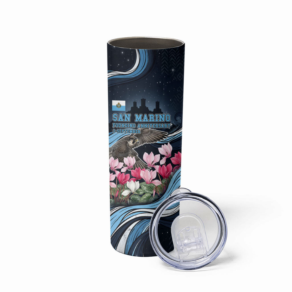 San Marino Founding Anniversary Skinny Tumbler Freedom Peregrine Falcon - Cyclamen Flowers Towers Flag