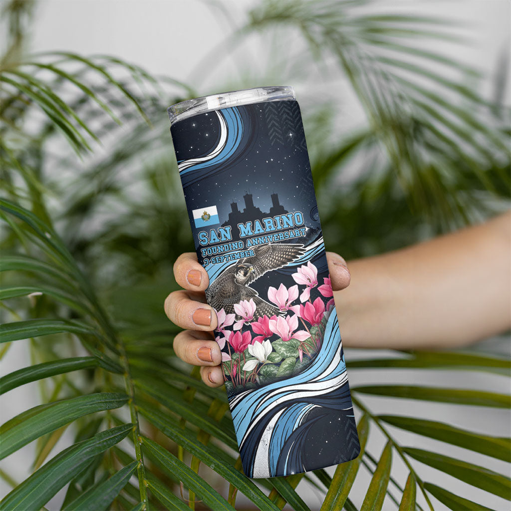 San Marino Founding Anniversary Skinny Tumbler Freedom Peregrine Falcon - Cyclamen Flowers Towers Flag