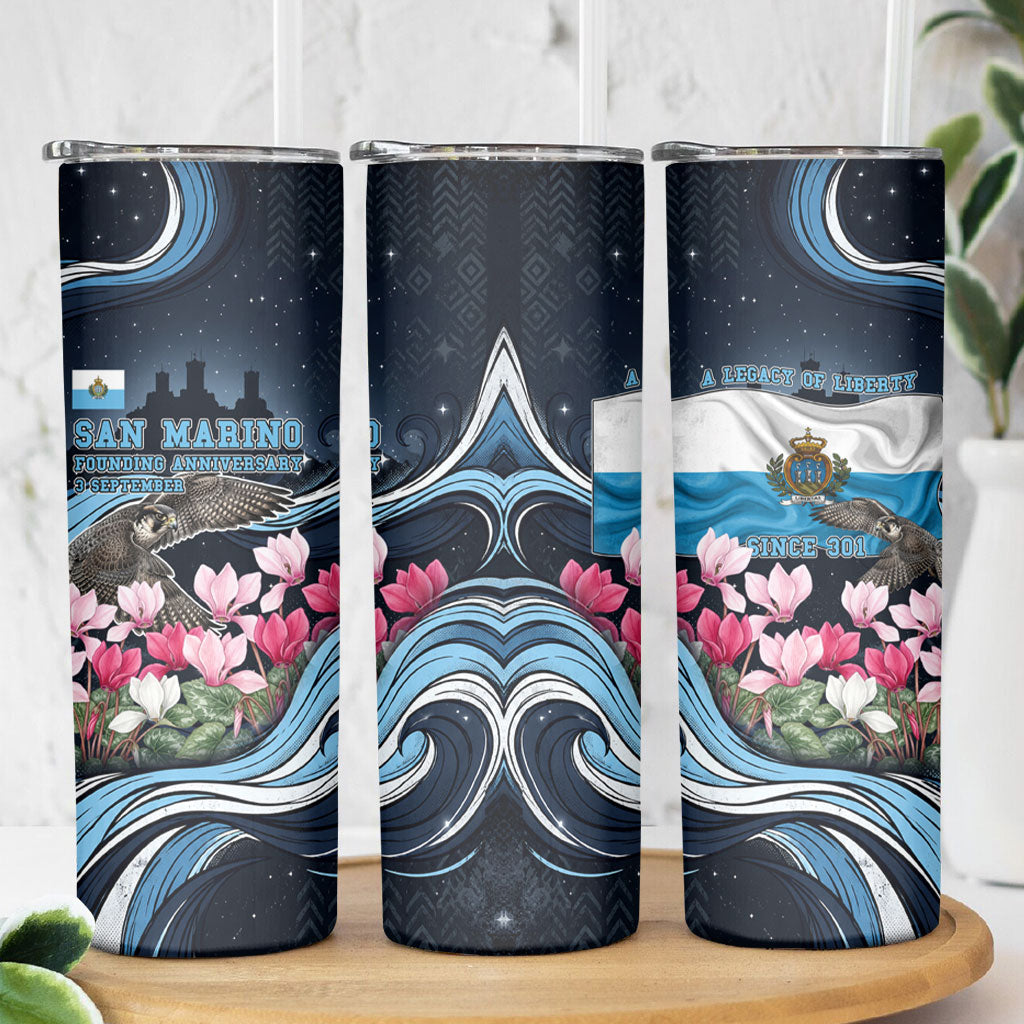 San Marino Founding Anniversary Skinny Tumbler Freedom Peregrine Falcon - Cyclamen Flowers Towers Flag